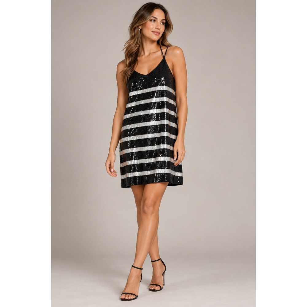 Allya Black Silver Sequin Striped Mini Dress Racerback V-Neck Size M